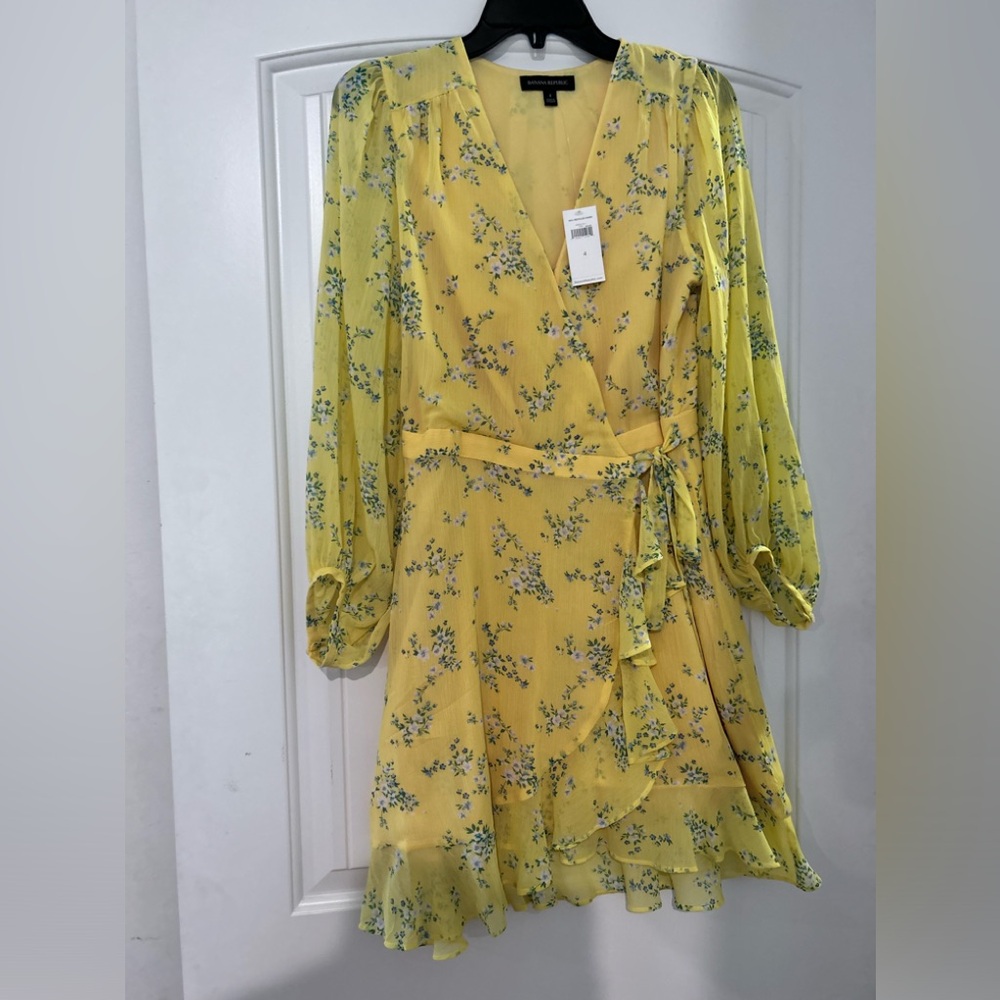 Banana Republic Yellow Floral Long-Sleeve Wrap Dress